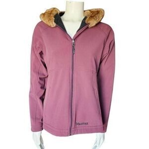 Marmot Women’s Medium Softshell Jacket Faux Fur Hood Lined Purple Full Zip Outdo